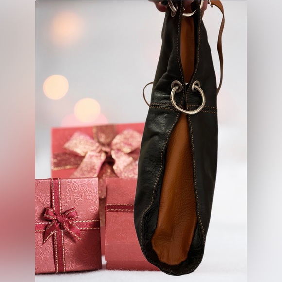 Vera Pelle Black & Chestnut Brown Italian Leather Crossbody Shoulder Bag - Picture 12 of 13